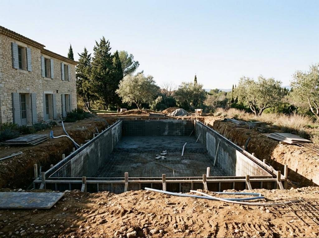 Chantier de piscine en hiver, coffrage et ferraillage dans une terre ocre, oliviers nus autour